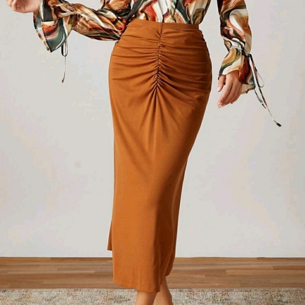 NEW Sexy Butt Scrunched Pencil Straight Long Rust Sweater Caramel Tan